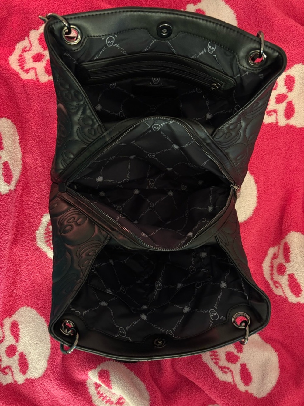 Betsy Johnson Black Skull-Embossed Women’s Shoulder Bag with Studded Strap - Picture 2 of 4